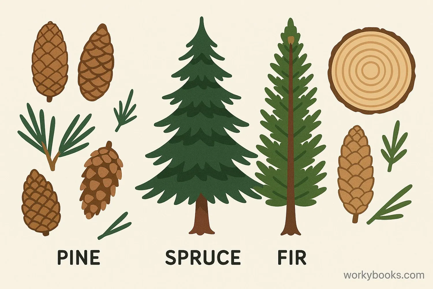 Illustration showing different types of conifer trees with cones