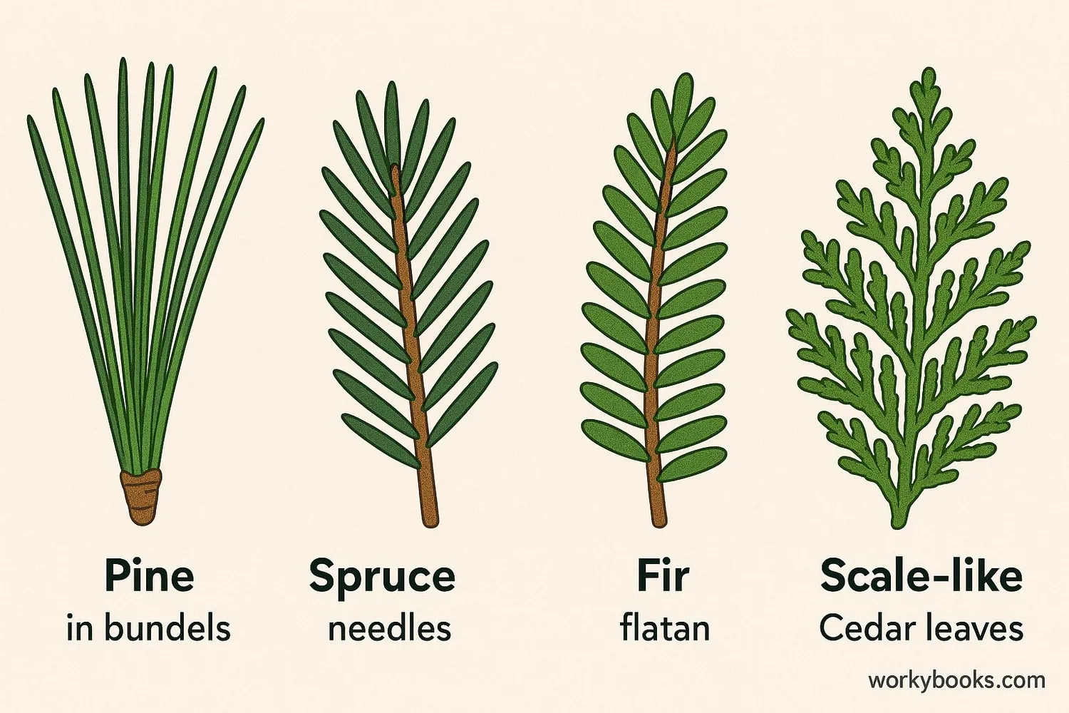 Close-up illustrations of different conifer leaves