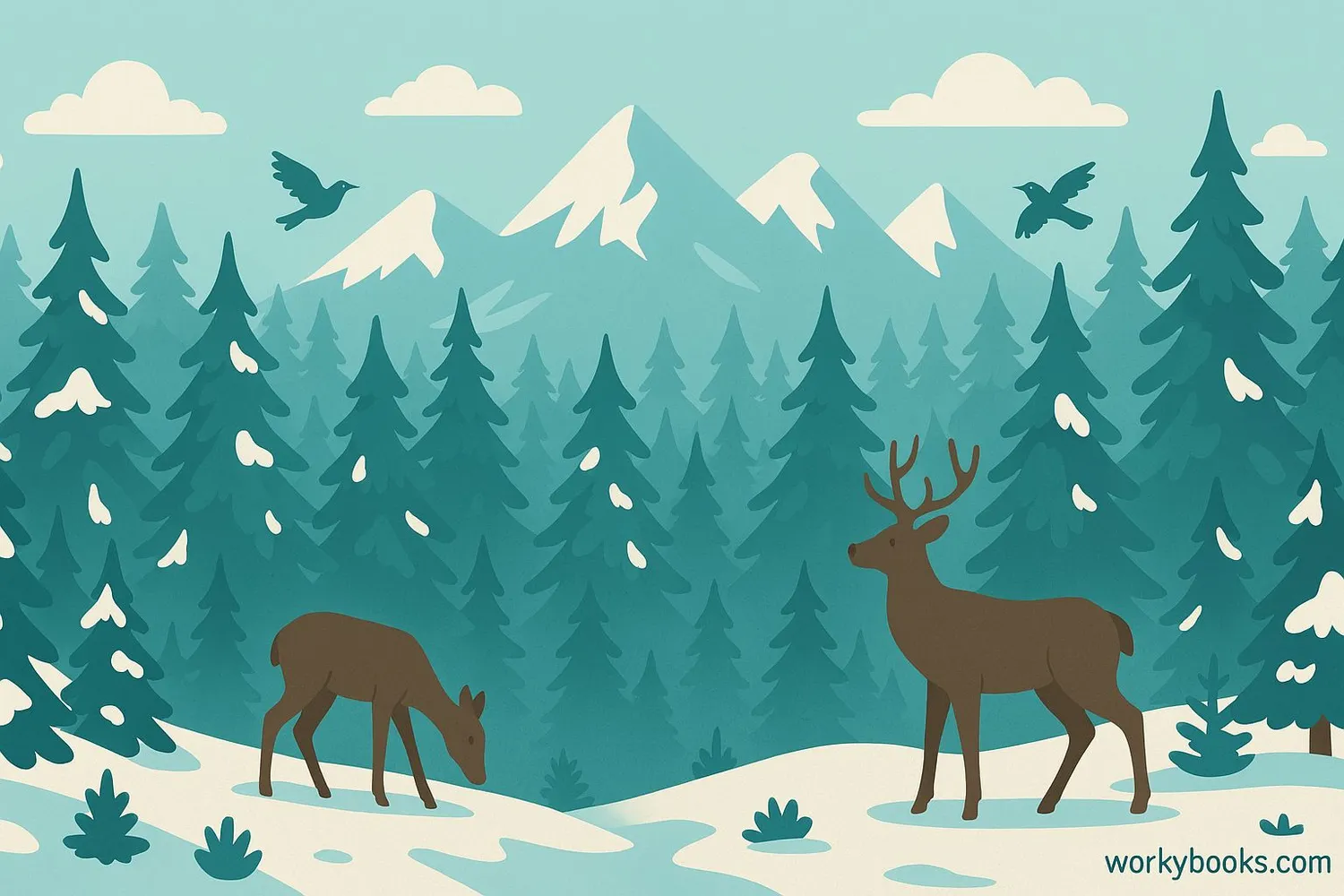 Panoramic view of a coniferous forest with snow-covered trees and mountains in the background
