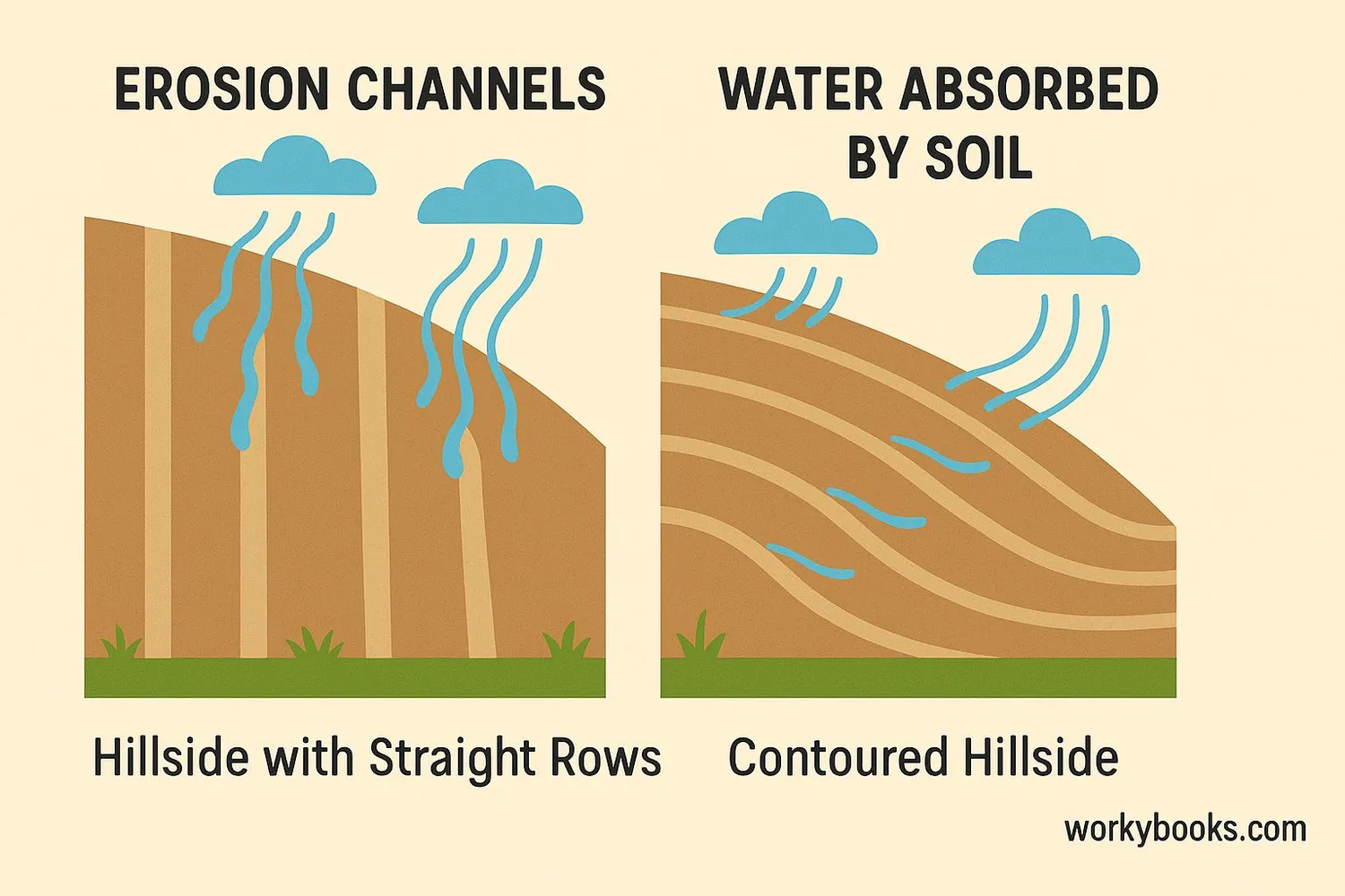 Diagram showing water flow patterns on contoured fields versus straight-row fields