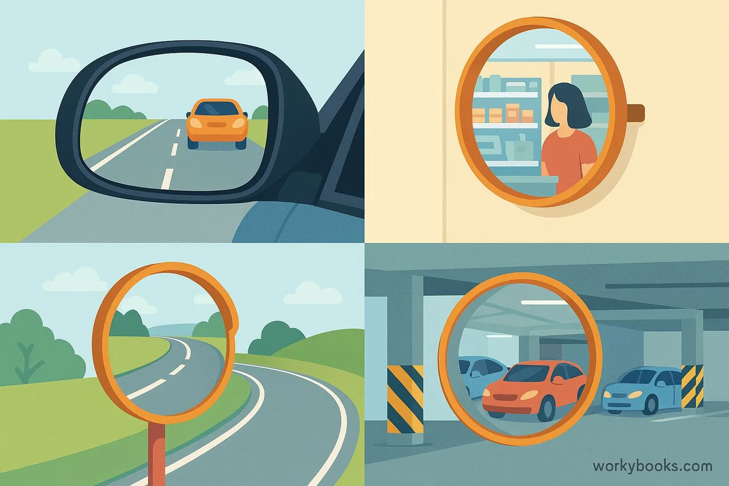 Collage showing various uses of convex mirrors in daily life