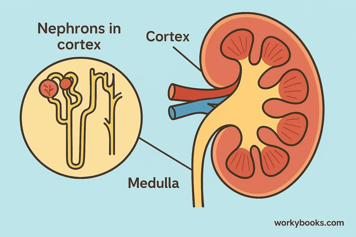 Diagram of kidney showing cortex and medulla layers with nephrons