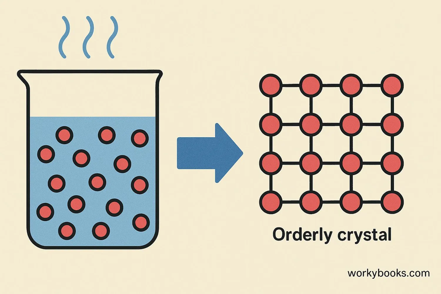 Illustration showing crystallization process from solution with molecules arranging into crystal structure
