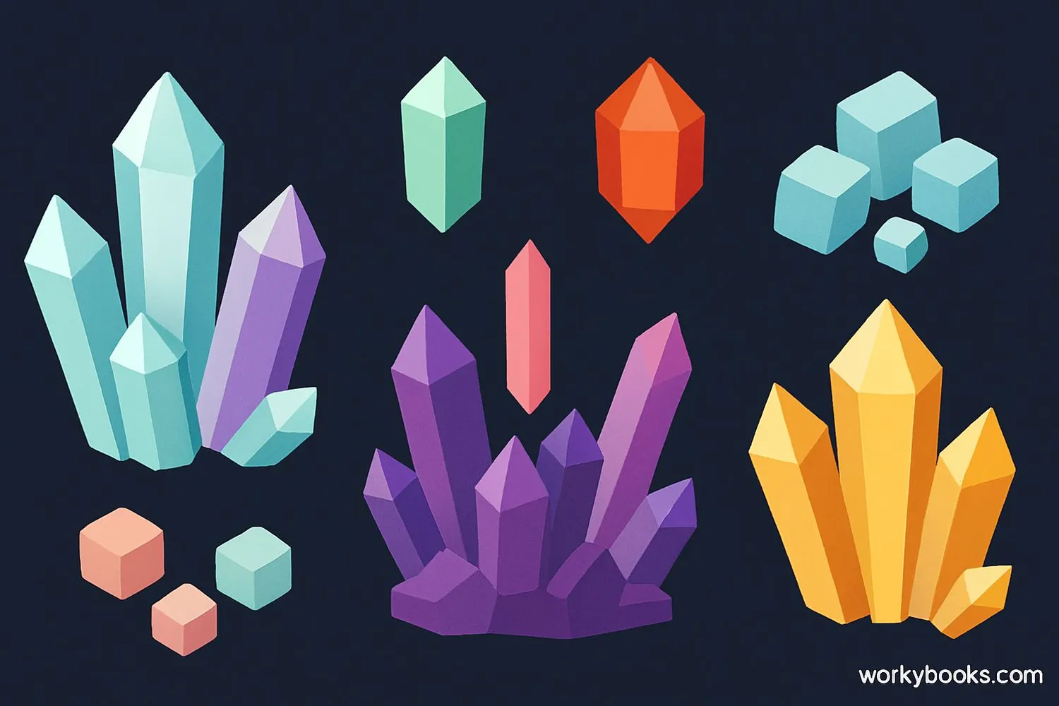 Collection of various colorful crystals with geometric shapes