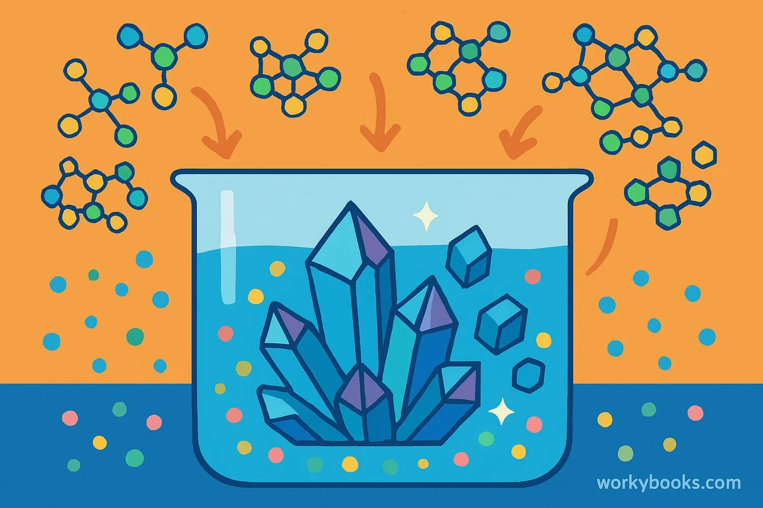 Visual representation of crystal formation from a solution