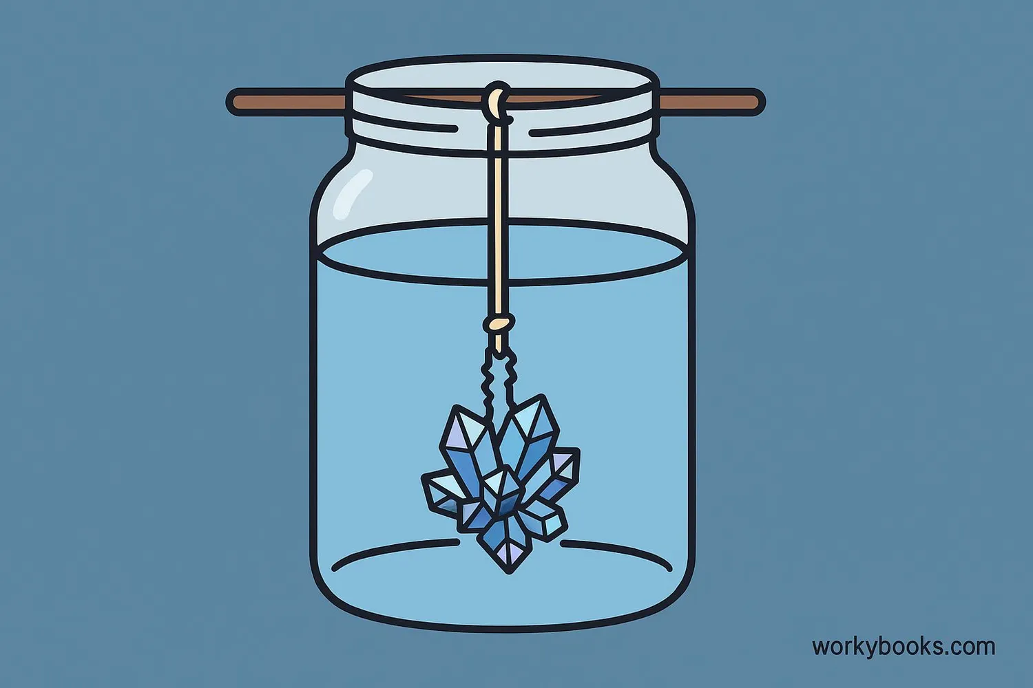 Illustration showing a crystal growing experiment with a jar, string, and growing crystals