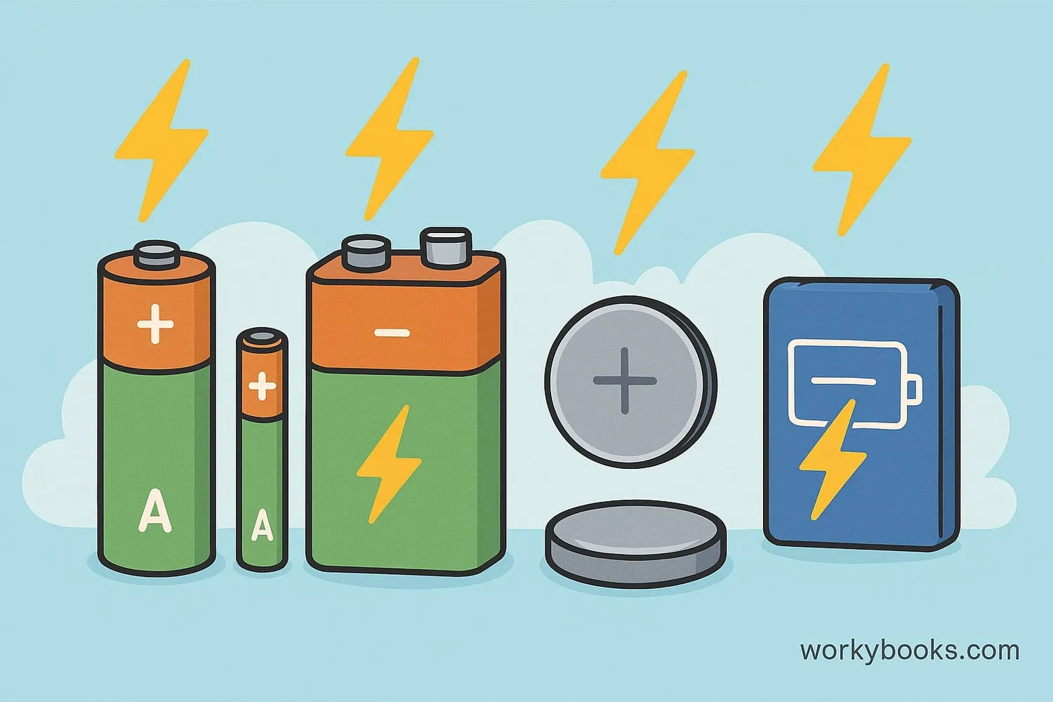 Illustration of various battery sizes and types with energy symbols