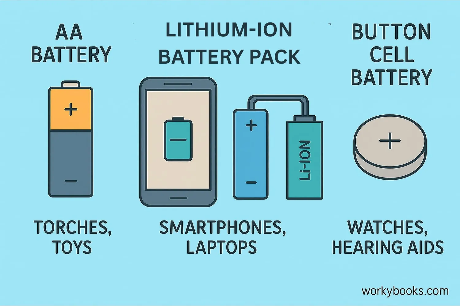 Illustration comparing different battery types: AA, lithium-ion, car battery, button cell
