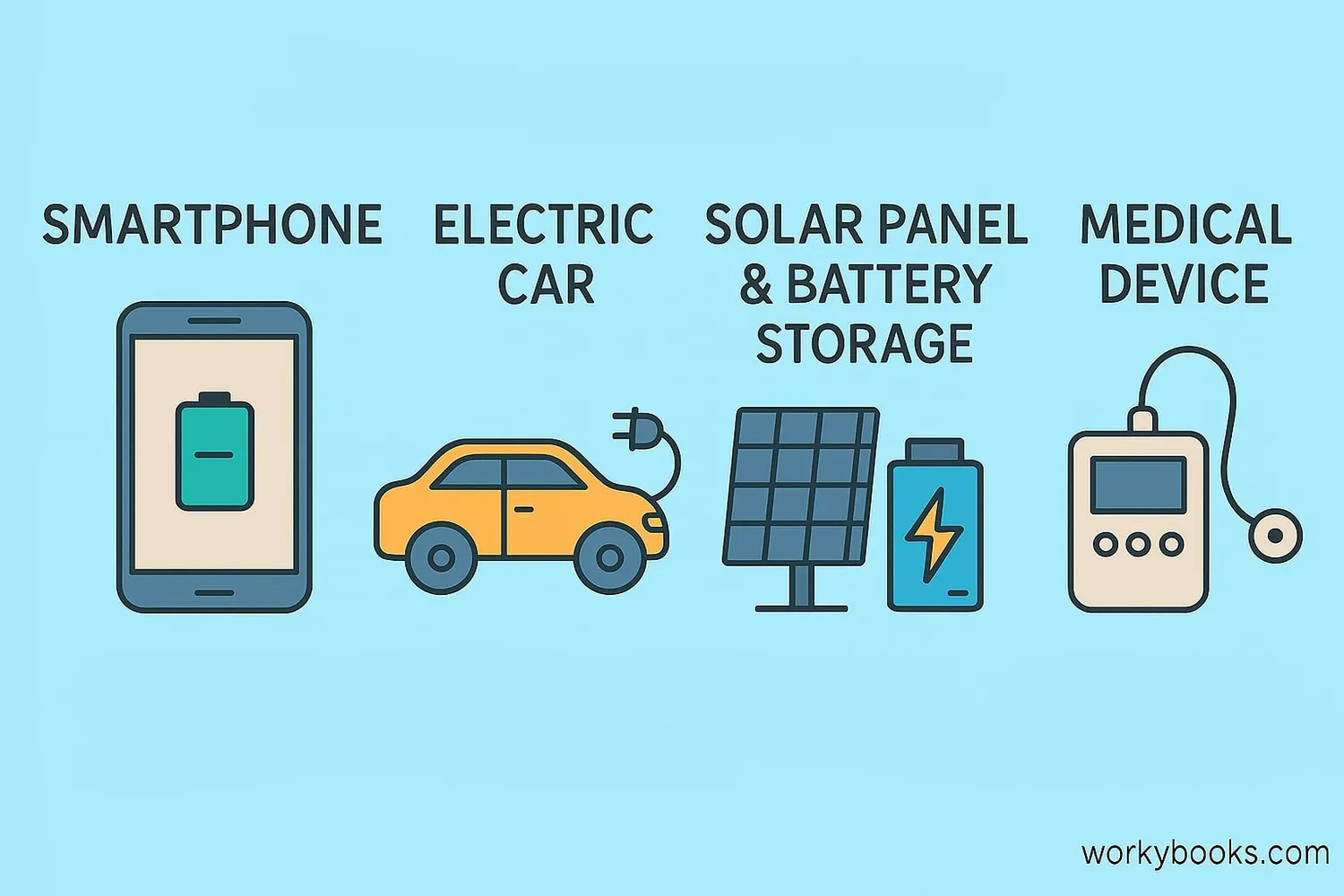 Illustration showing battery applications: medical devices, phones, electric cars, solar energy storage