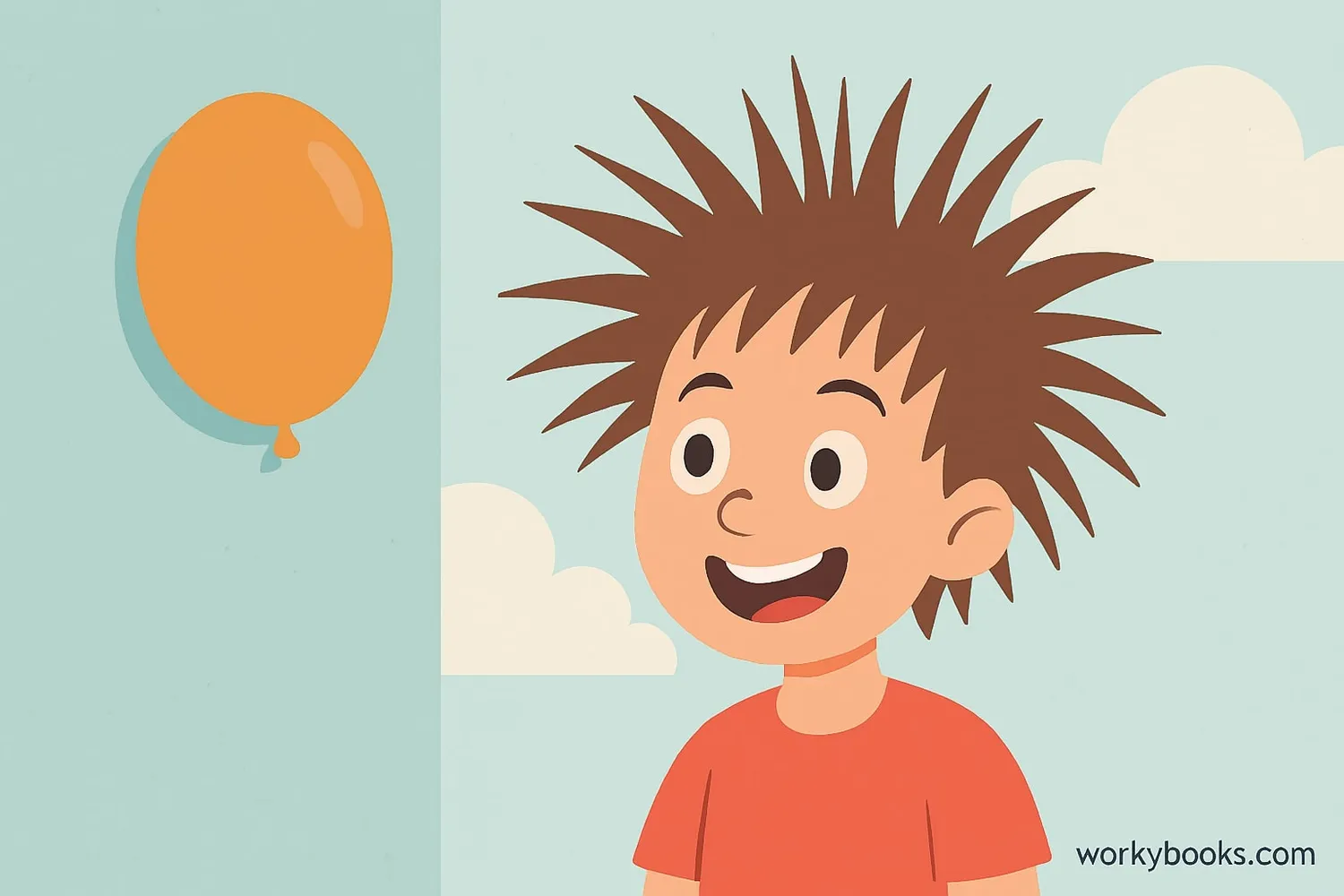 Illustration showing static electricity with hair standing up and balloon sticking to wall