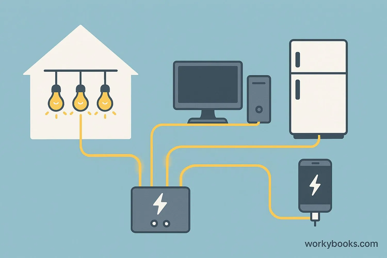 Illustration showing electric current powering various devices