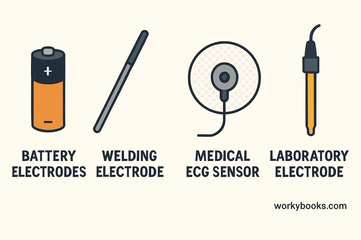 Illustration showing different types of electrodes: battery electrodes, welding rods, medical sensors