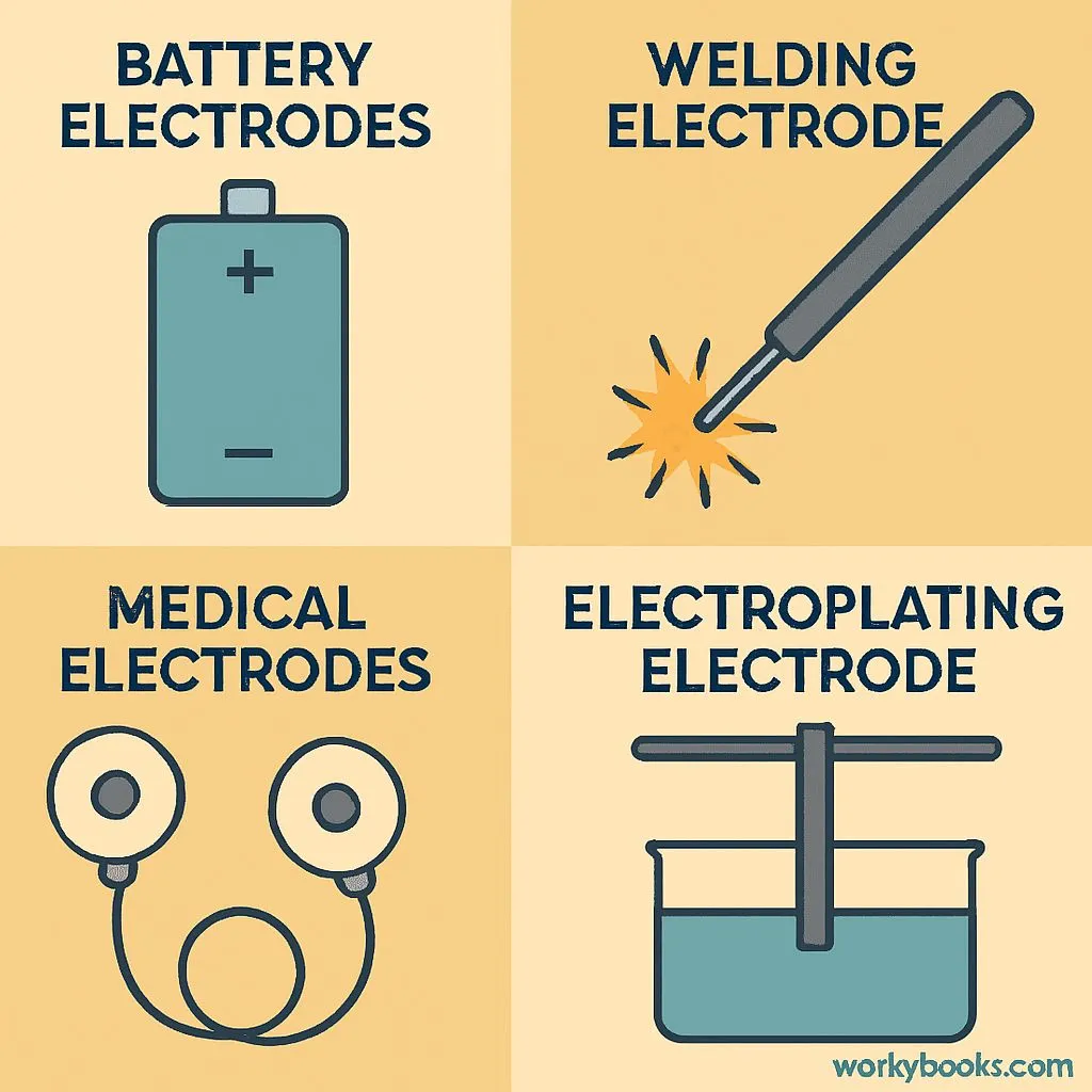 Illustration showing applications of electrodes: batteries, welding, medical devices, electroplating