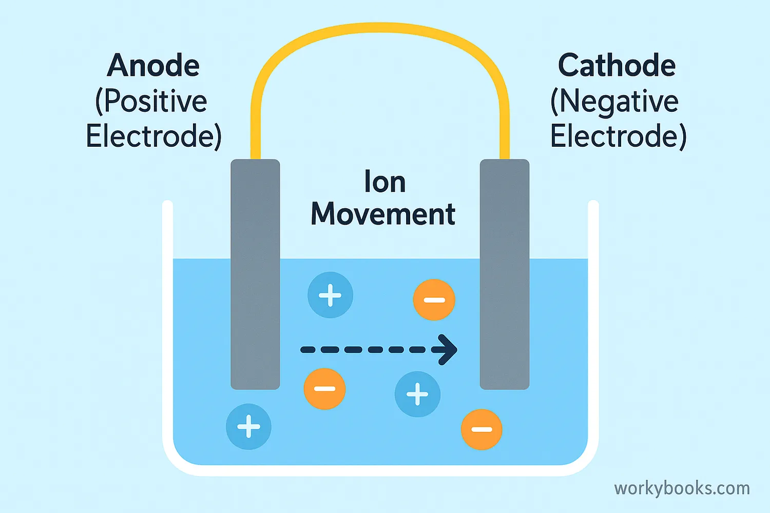 Diagram showing anode and cathode reactions in electrolysis