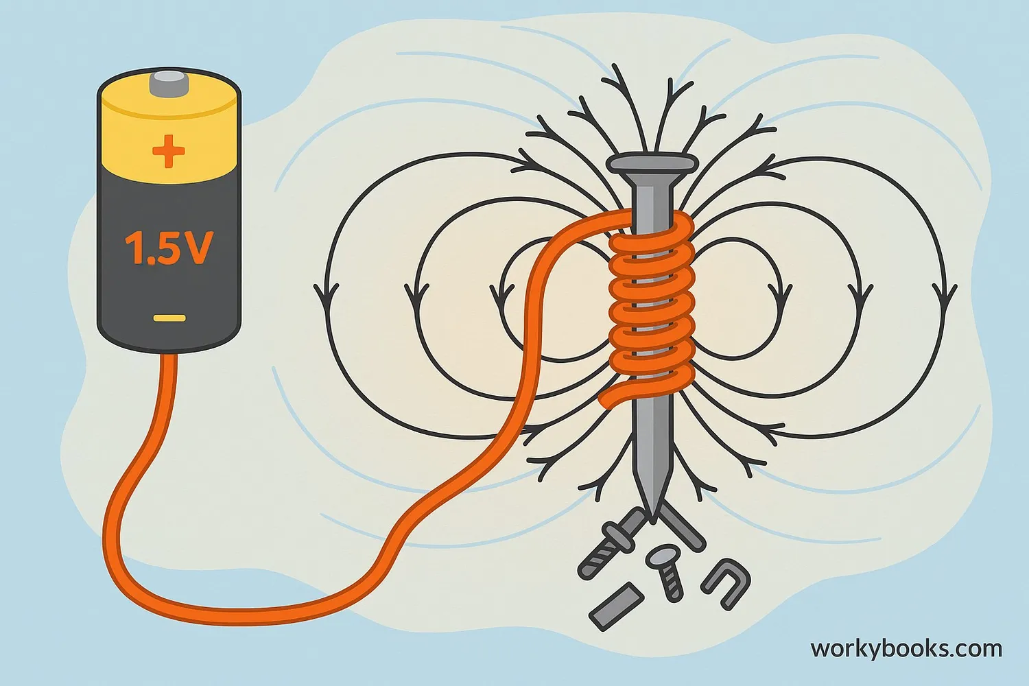 Illustration showing the basic elements of an electromagnet