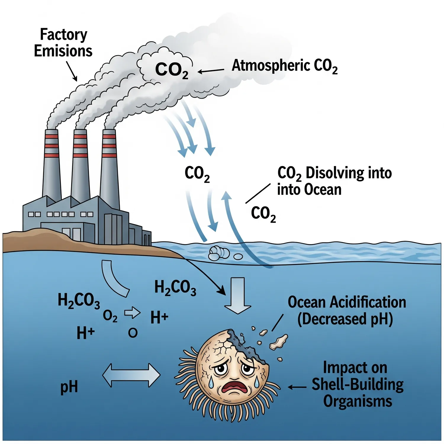 A visual representation of the process of ocean acidification.
