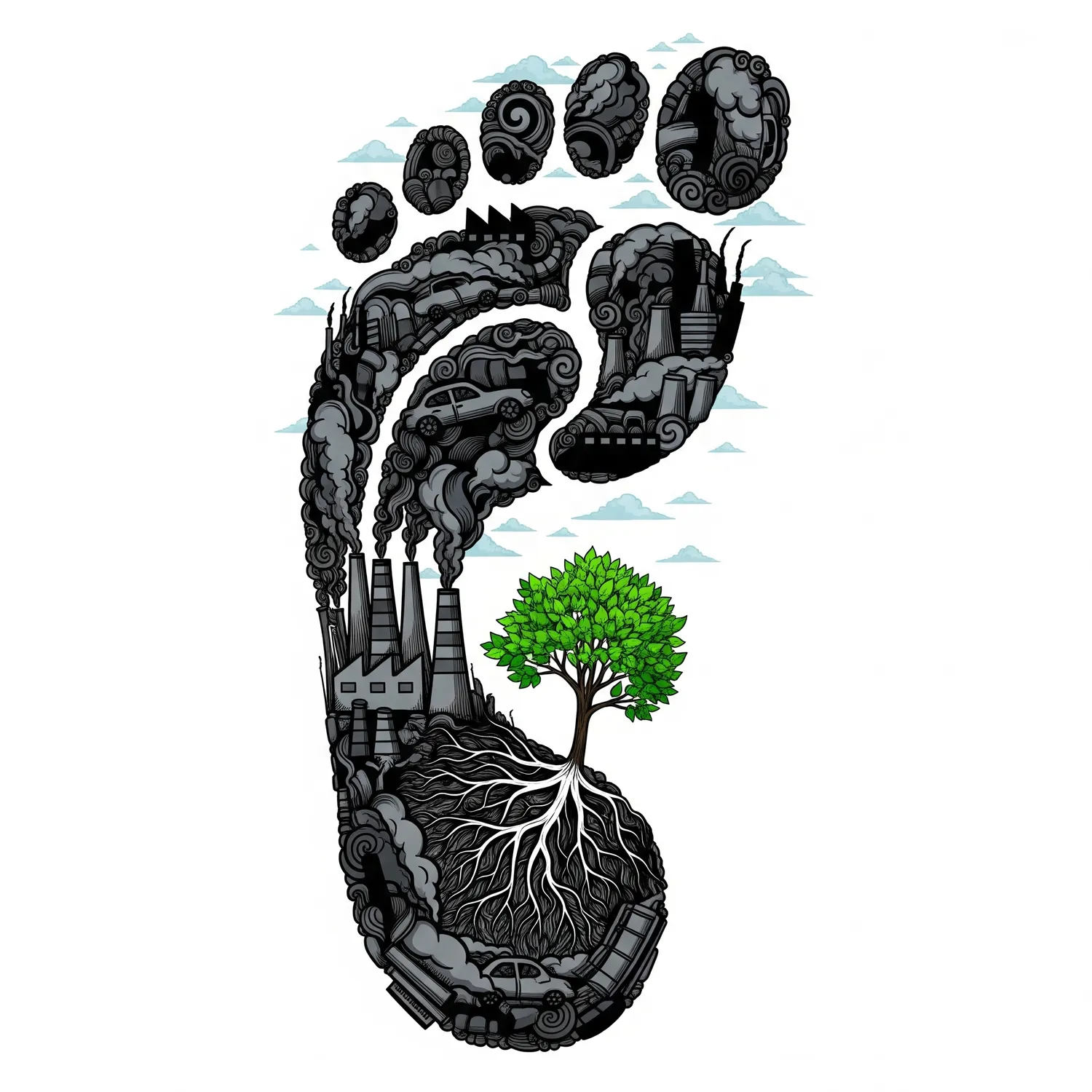 Footprint with a small tree to symbolize the impact of human activity on the environment.