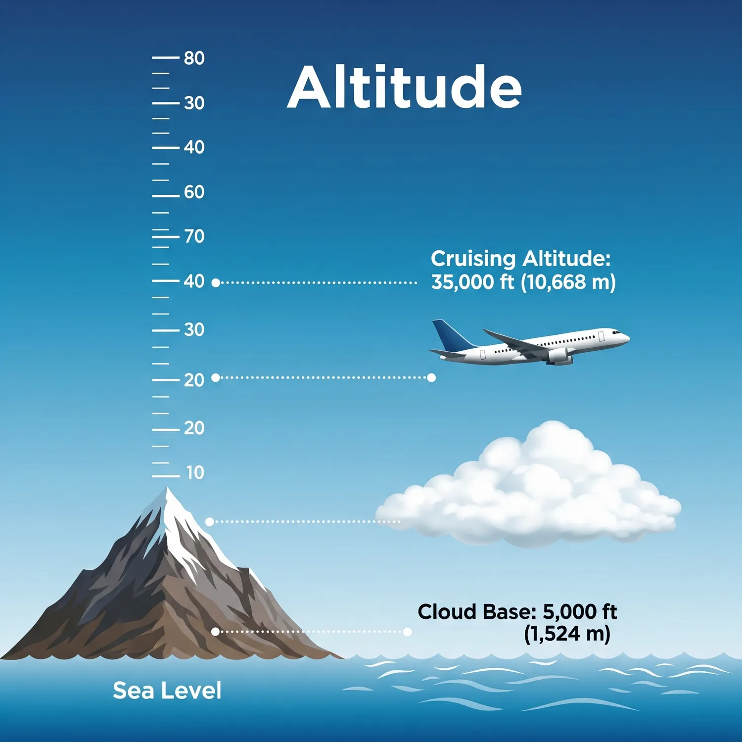Mountain, a plane, and a cloud at different heights above sea level.