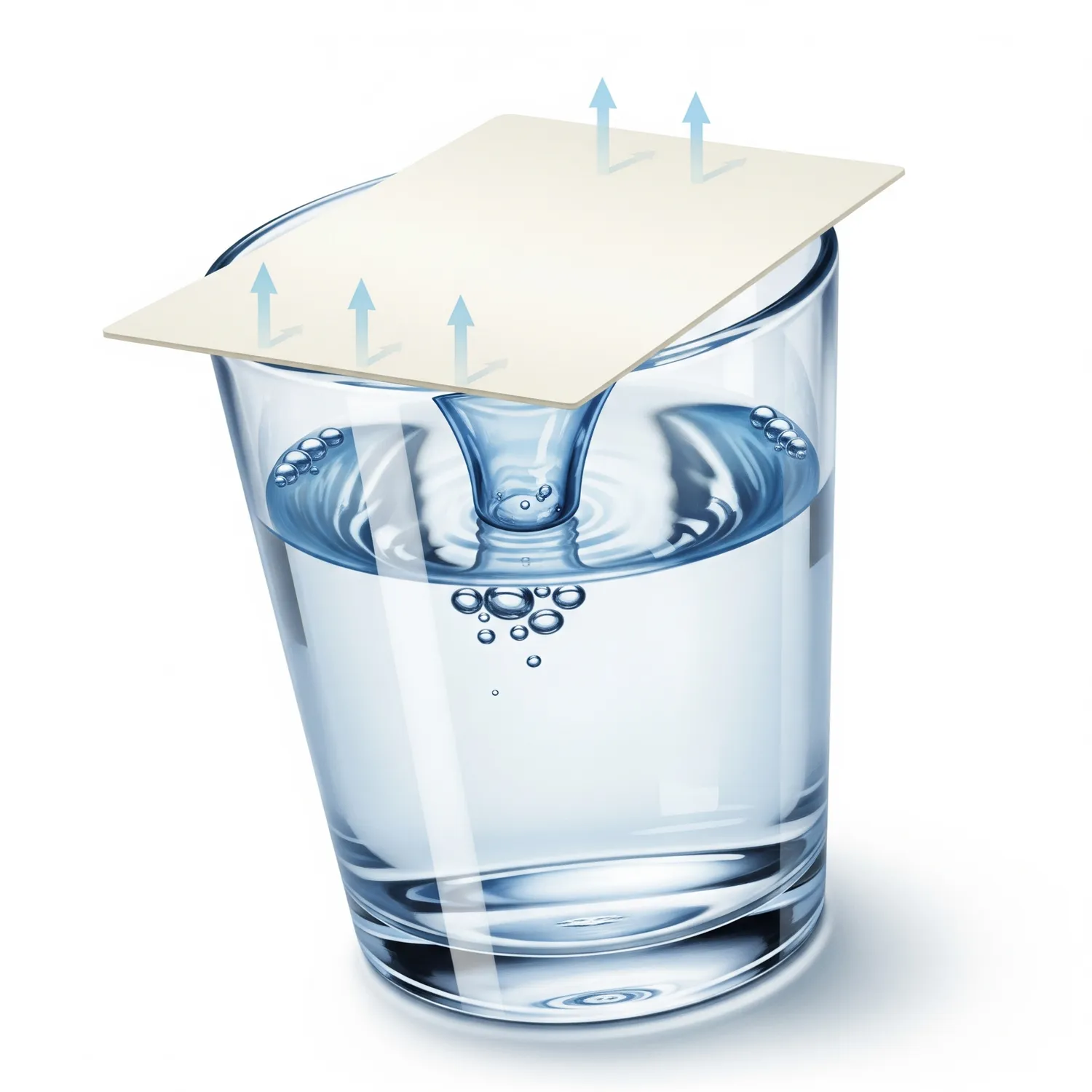 A glass filled with water, held upside down with a playing card underneath it, with arrows showing air pressure pushing up on the card.