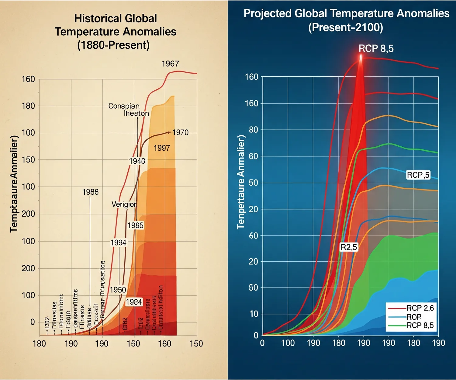 Contrasting a historical climate data graph with a future climate model projection.