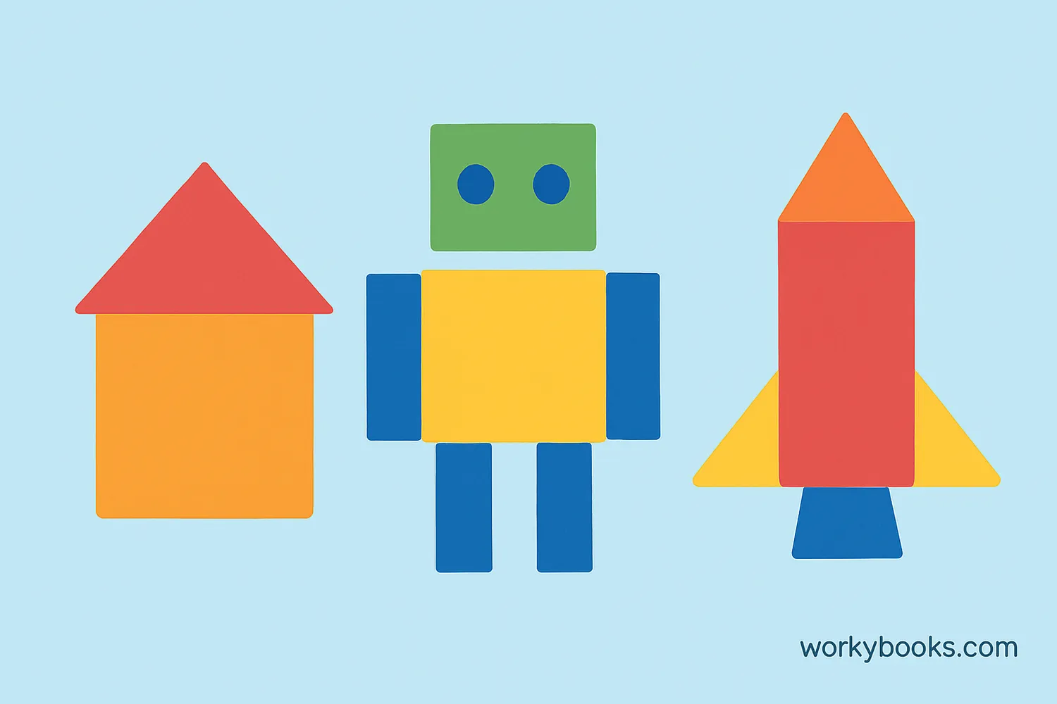 Composite shape examples: house shape made from square and triangle, robot made from rectangles and circles, rocket made from triangles and rectangles