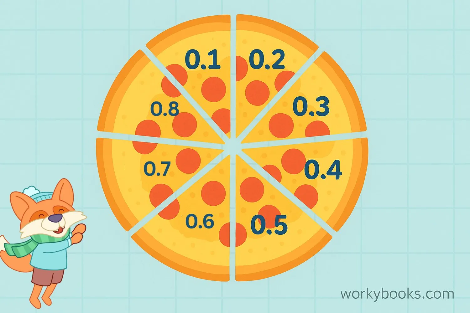 Visual representation of decimal division with pizza slices