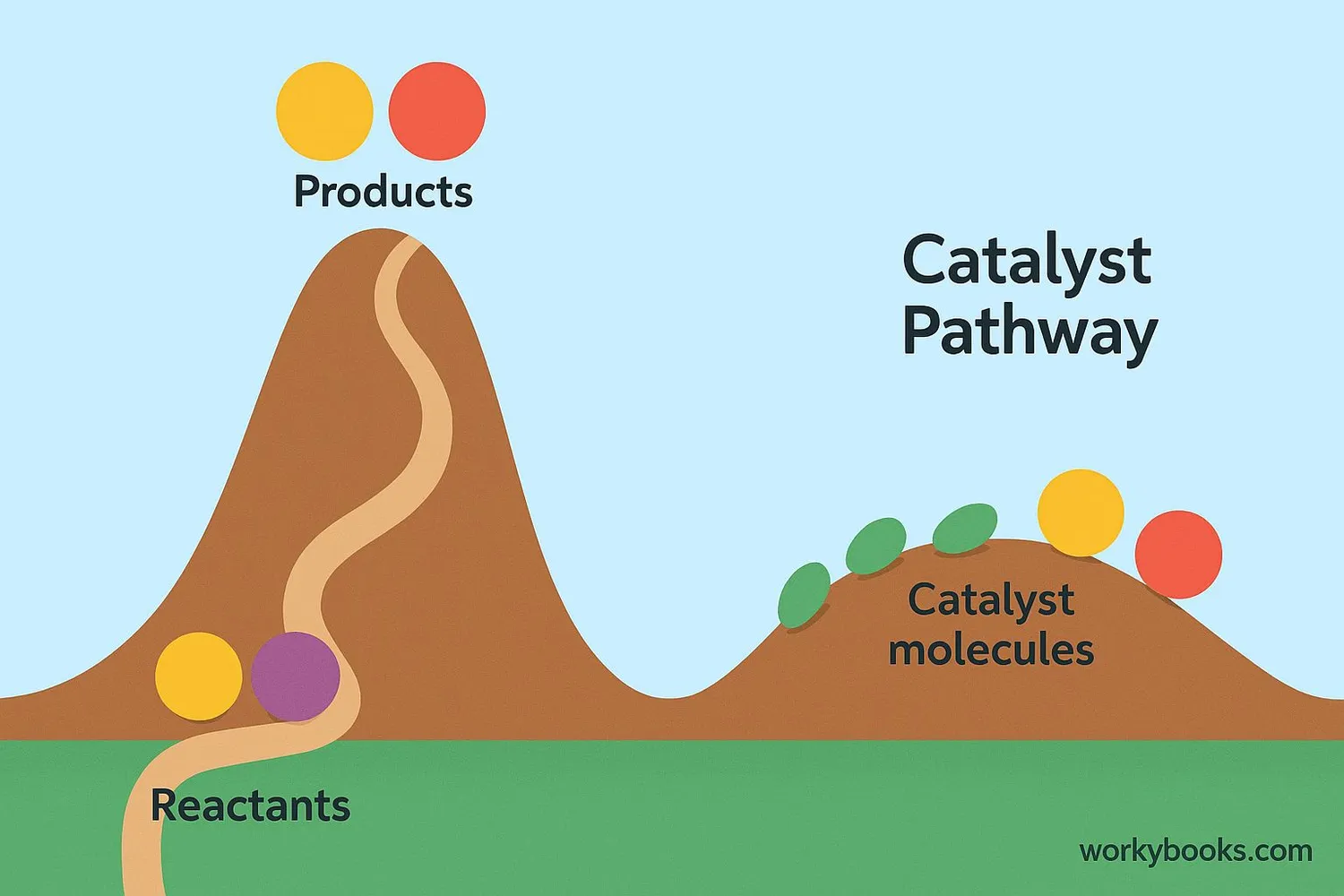 Illustration showing how catalysts provide an alternative pathway with lower activation energy