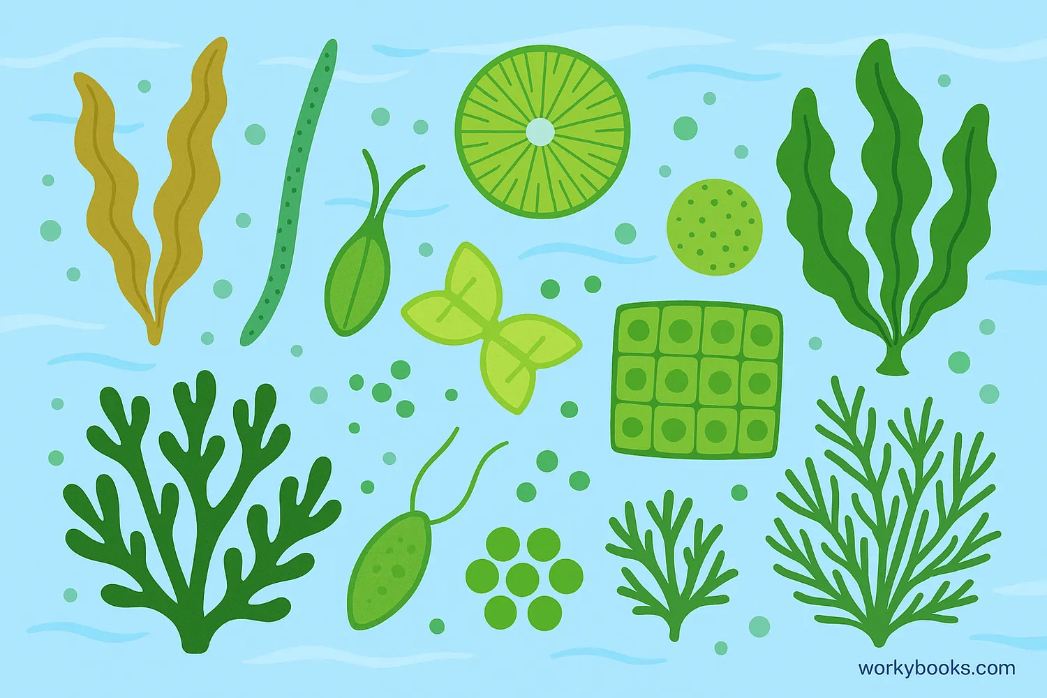 Microscopic view of different algae types in water