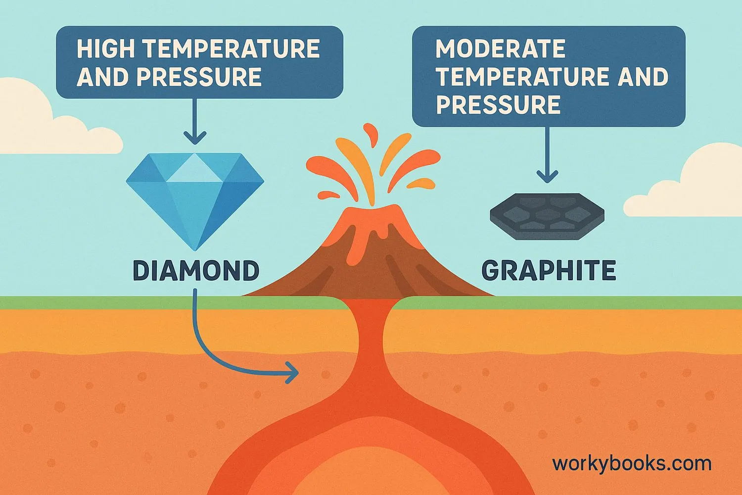 Diagram showing how temperature and pressure affect carbon allotrope formation