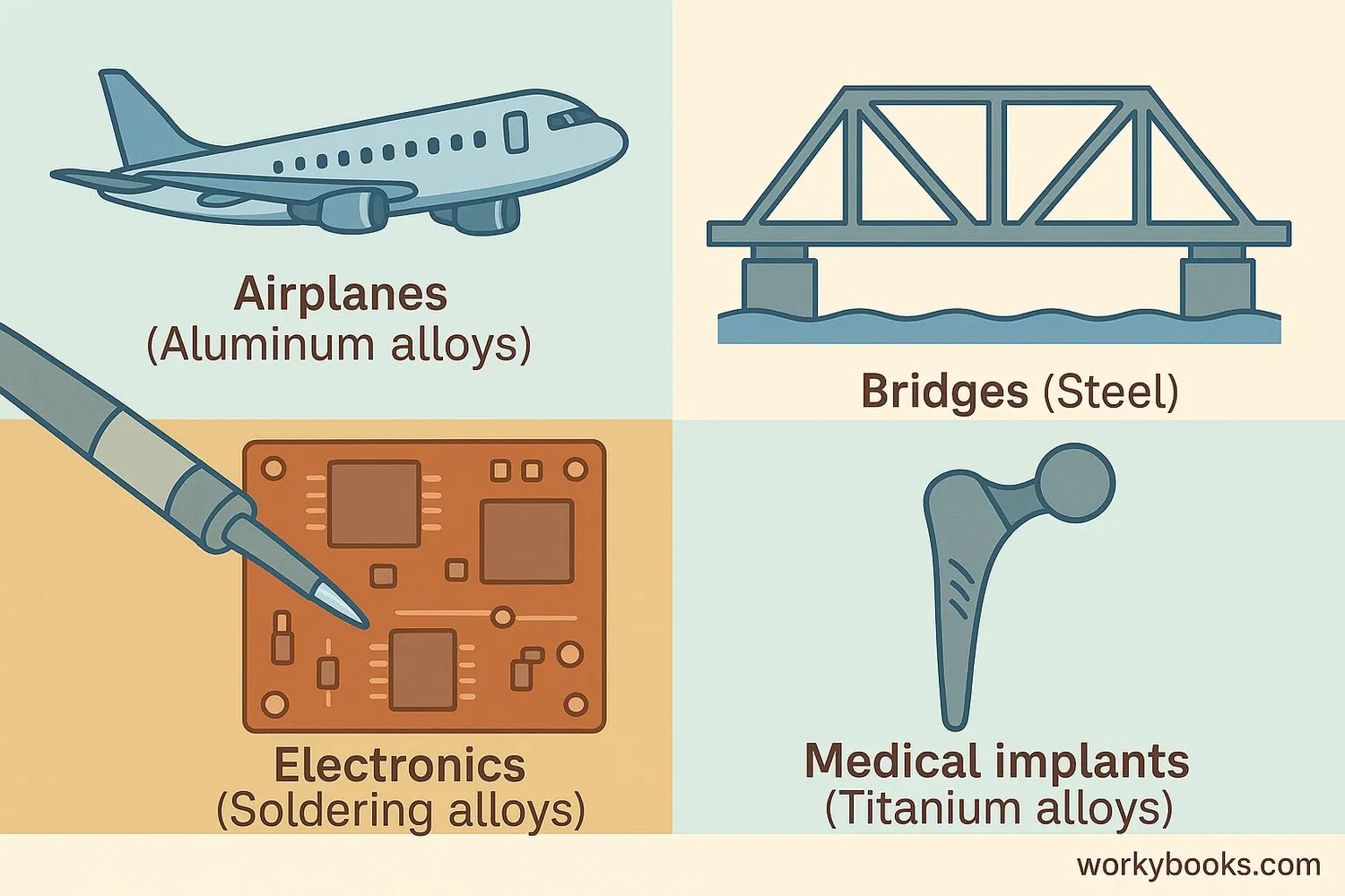 Collage showing different uses of alloys in everyday life