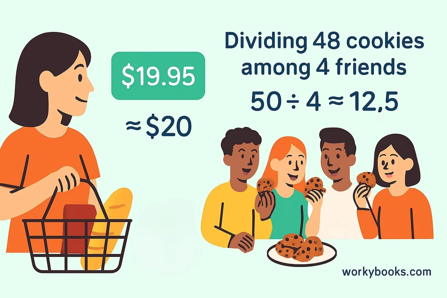 Examples: shopping items $19.95 ≈ $20, dividing 48 cookies among 4 friends ≈ 50÷4=12.5