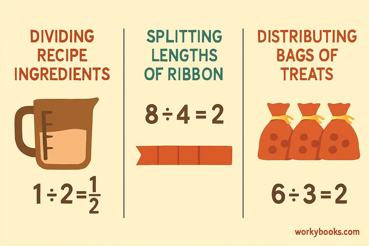 Visual examples of dividing mixed numbers in real-world contexts