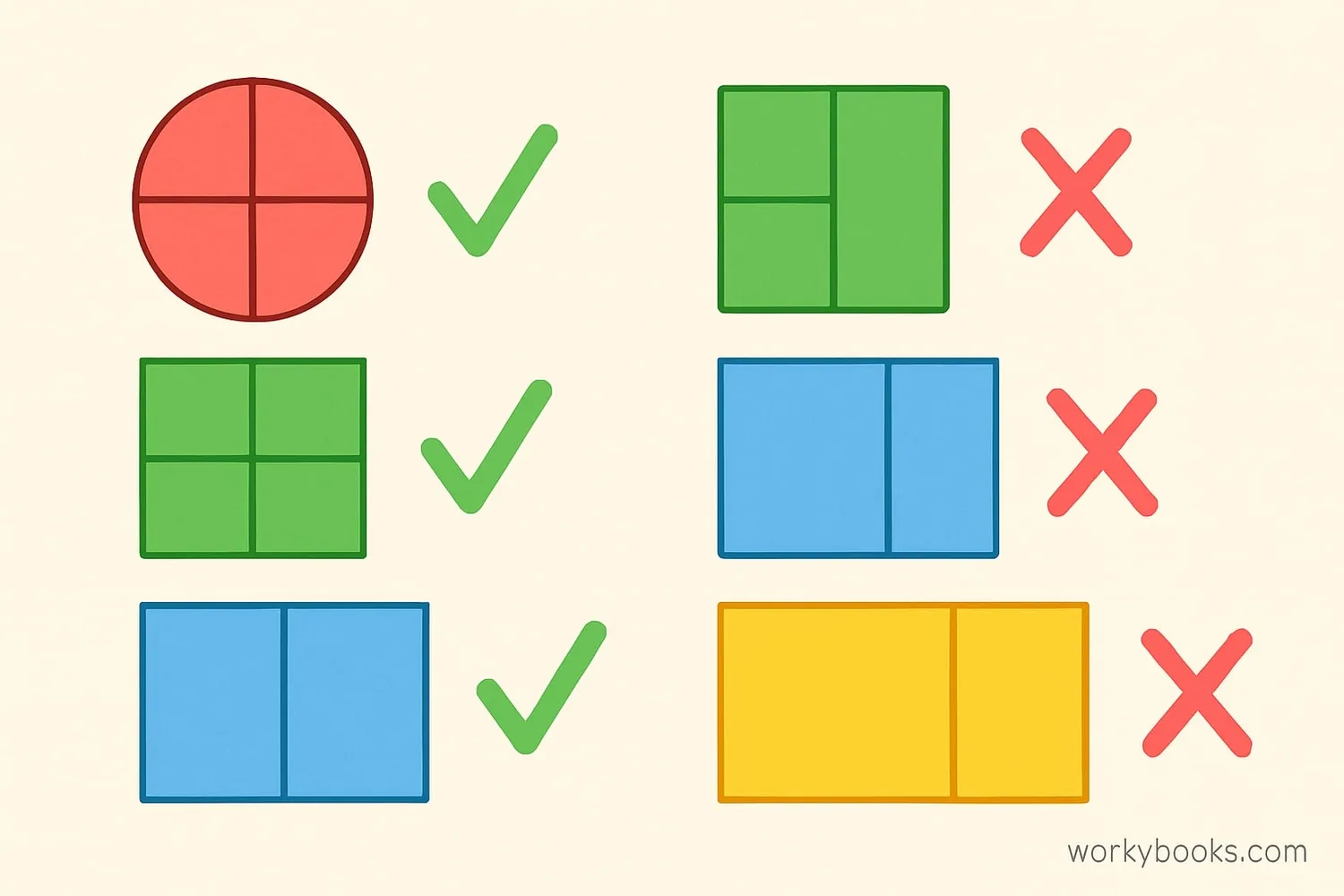 Various shapes divided into equal and unequal parts with checkmarks and X marks to indicate correct and incorrect divisions
