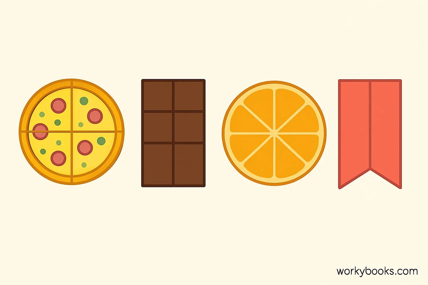 Real-world examples of equal parts: pizza slices, chocolate bar pieces, segmented orange