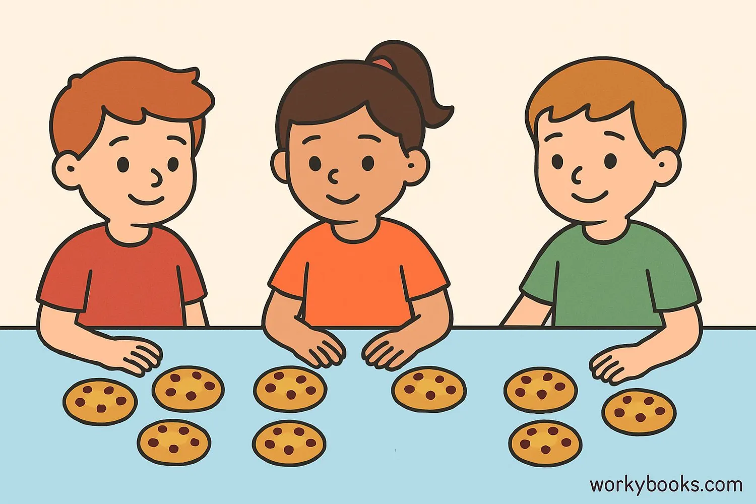 Three children sharing 9 cookies equally, with each getting 3 cookies