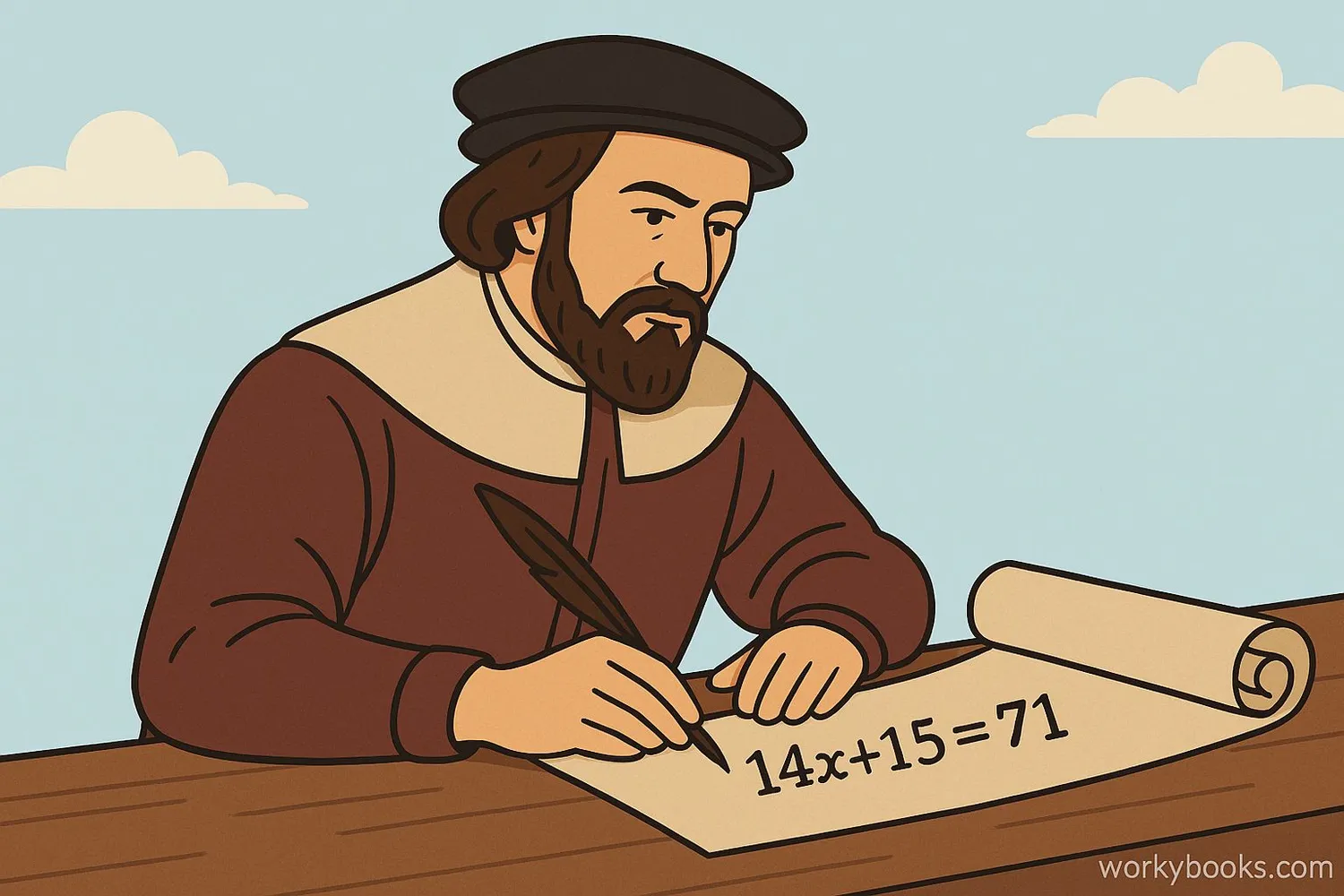 Historical depiction of Robert Recorde introducing the equal sign