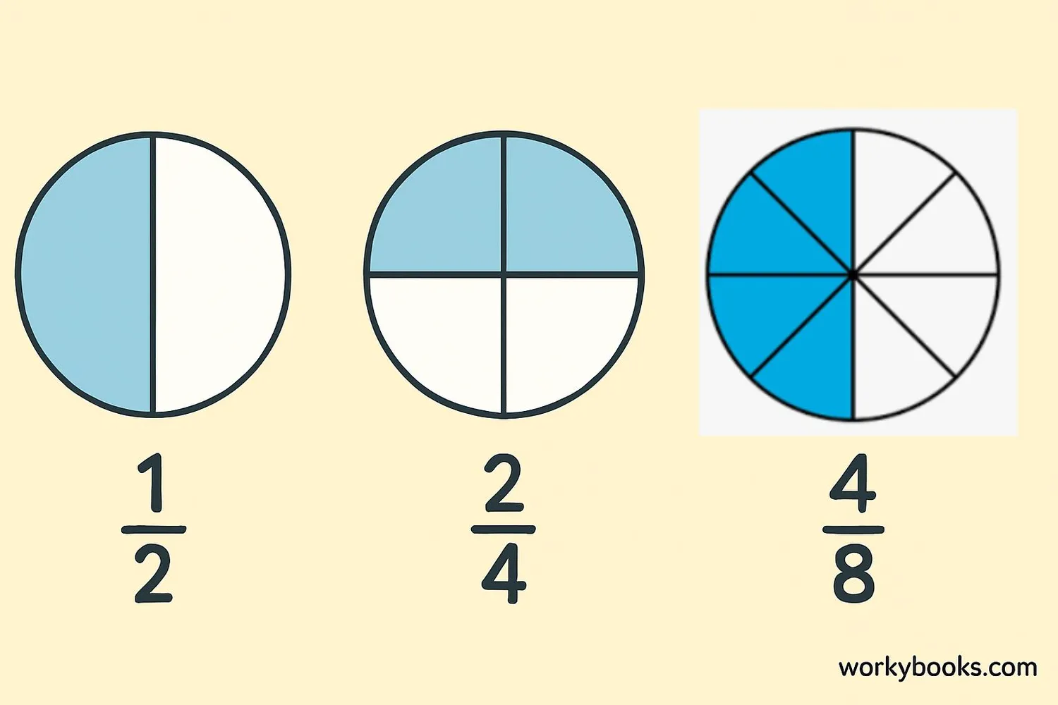 Visual representation of equivalent fractions using pie charts
