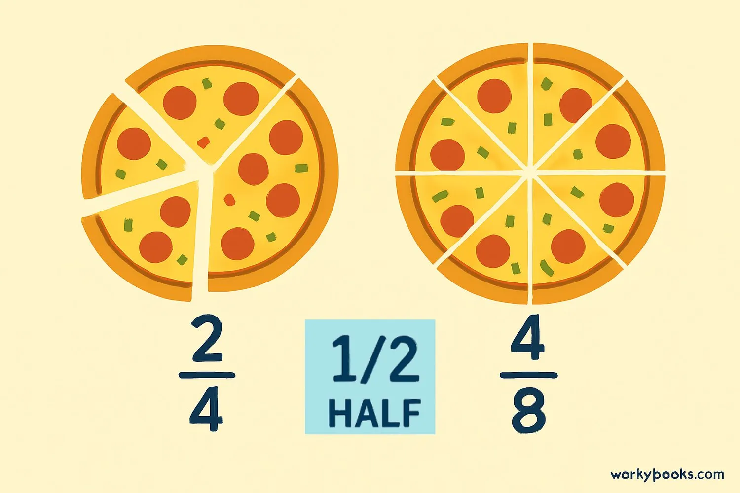 Real-world examples of equivalent fractions in pizza slices