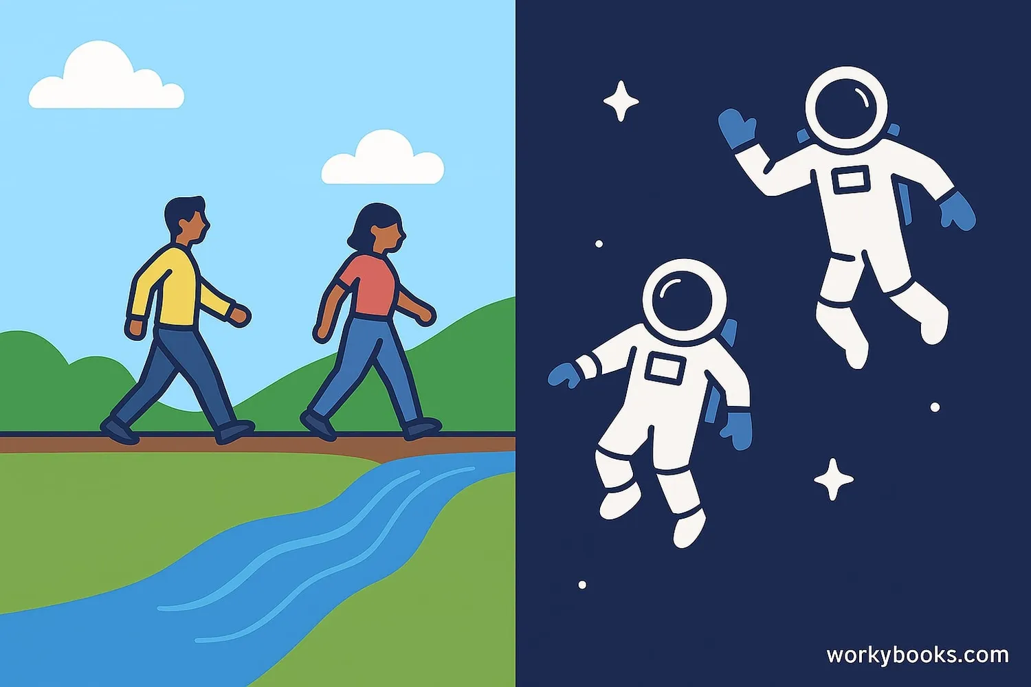 Illustration showing gravity's effects on Earth and in space
