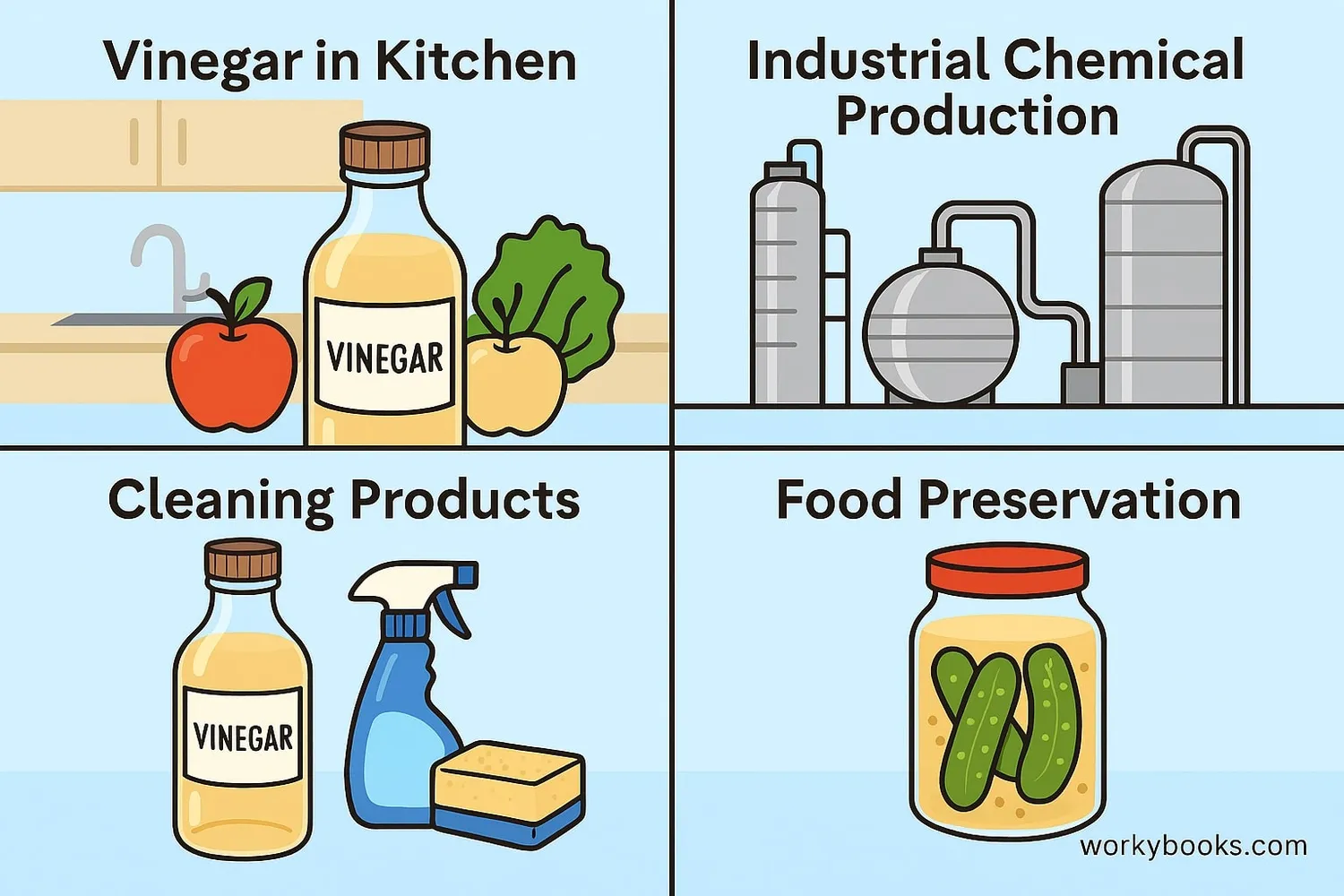 Collage showing different uses of acetic acid in food, cleaning, and industry