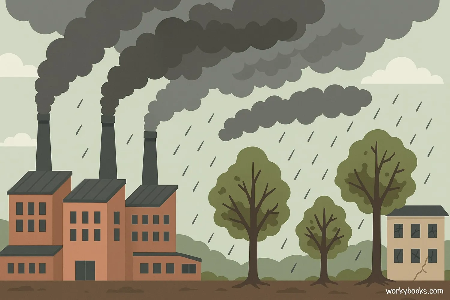 Visual representation of acid rain formation: Pollutants rising from factories, forming acidic clouds, and raining on trees and buildings