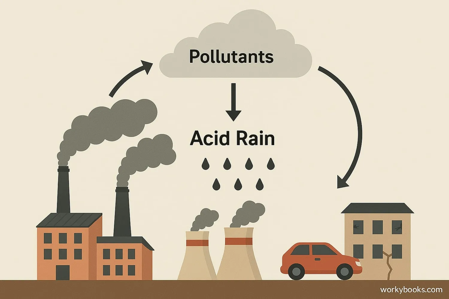 Diagram showing sources of acid rain: factories, vehicles, power plants emitting pollutants