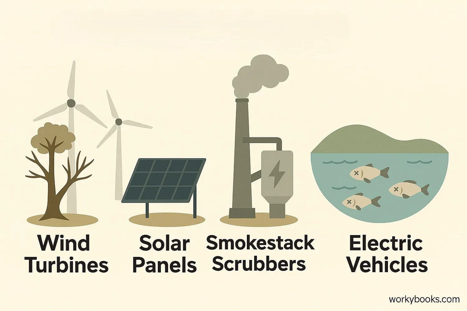 Illustration showing solutions to acid rain: renewable energy, scrubbers on smokestacks, electric vehicles