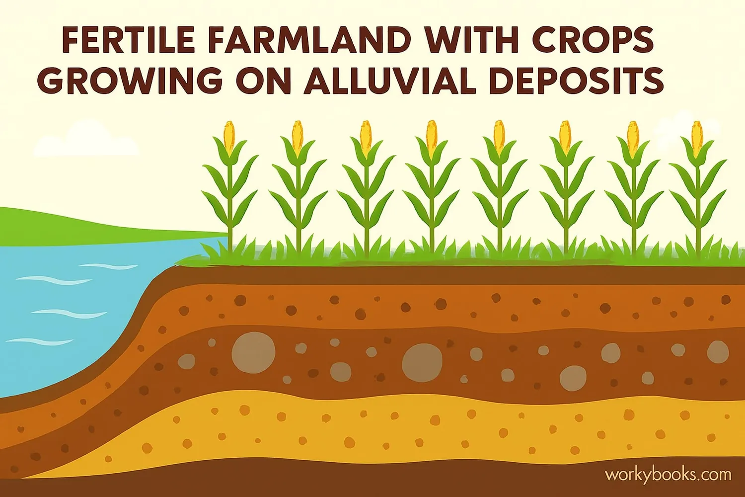Illustration showing fertile farmland on a floodplain with crops growing in rich alluvial soil