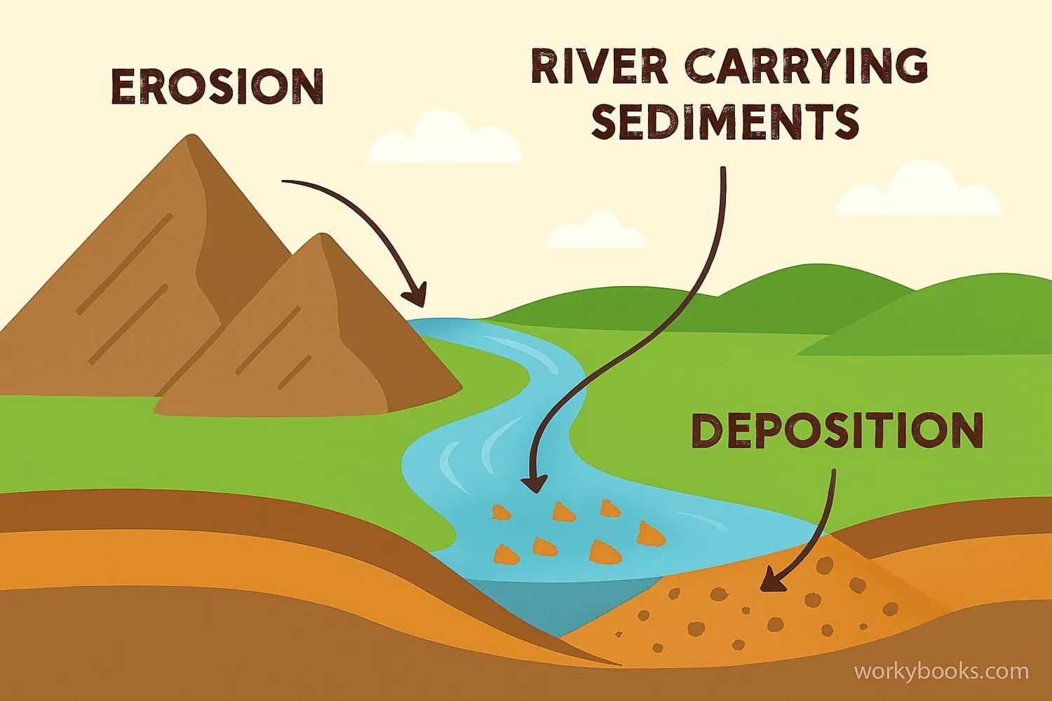 Diagram showing the process of erosion, transport, and deposition of sediments by a river