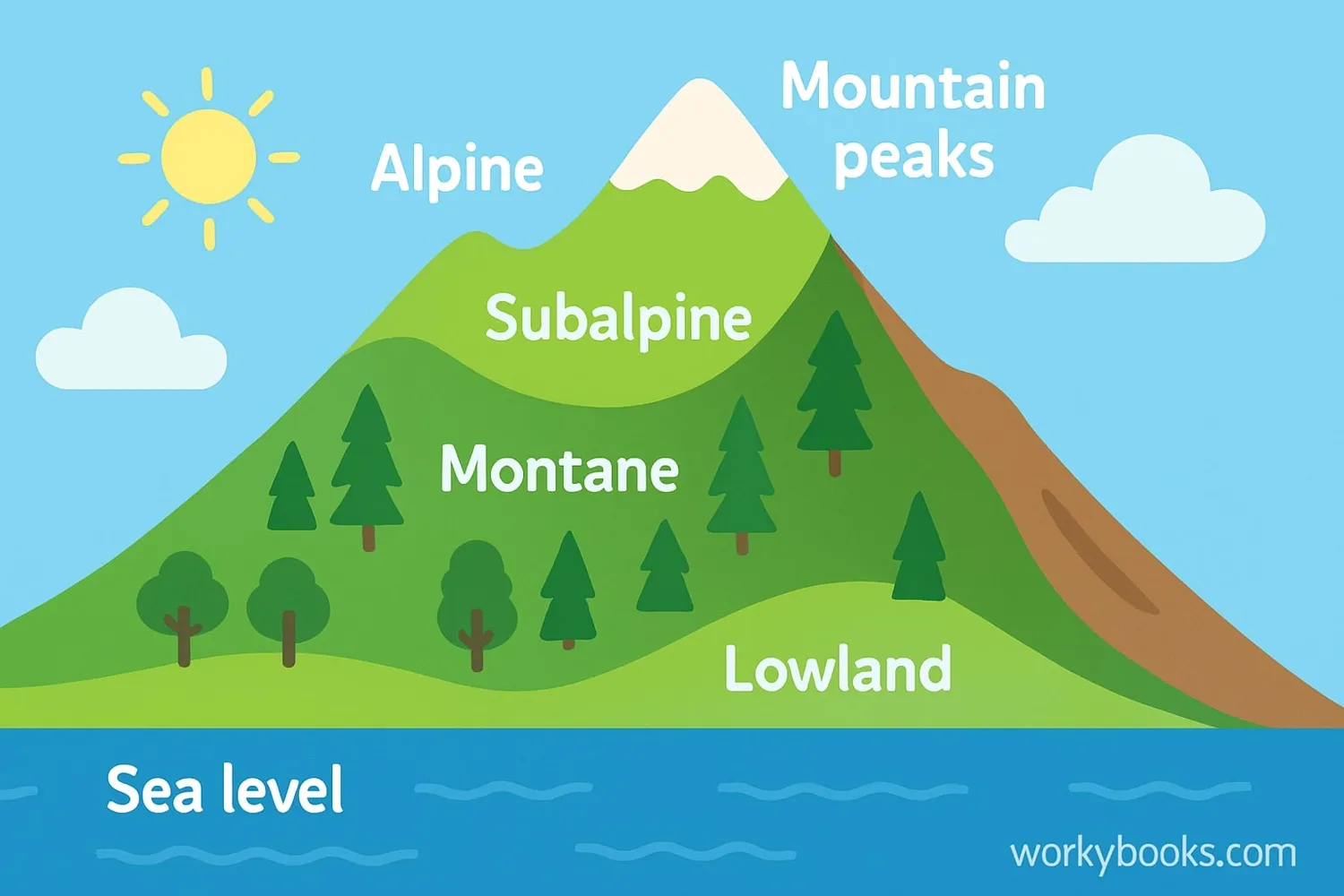 Visual representation of different altitudes from sea level to mountain peaks