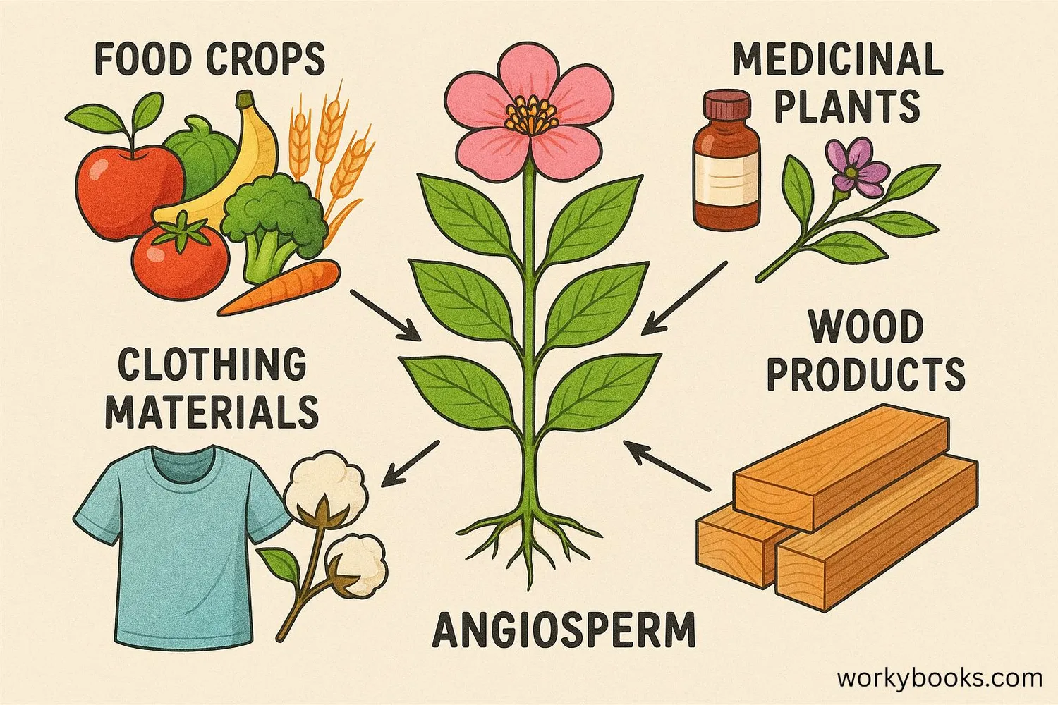 Illustration showing how humans use angiosperms for food, medicine, clothing, and oxygen production