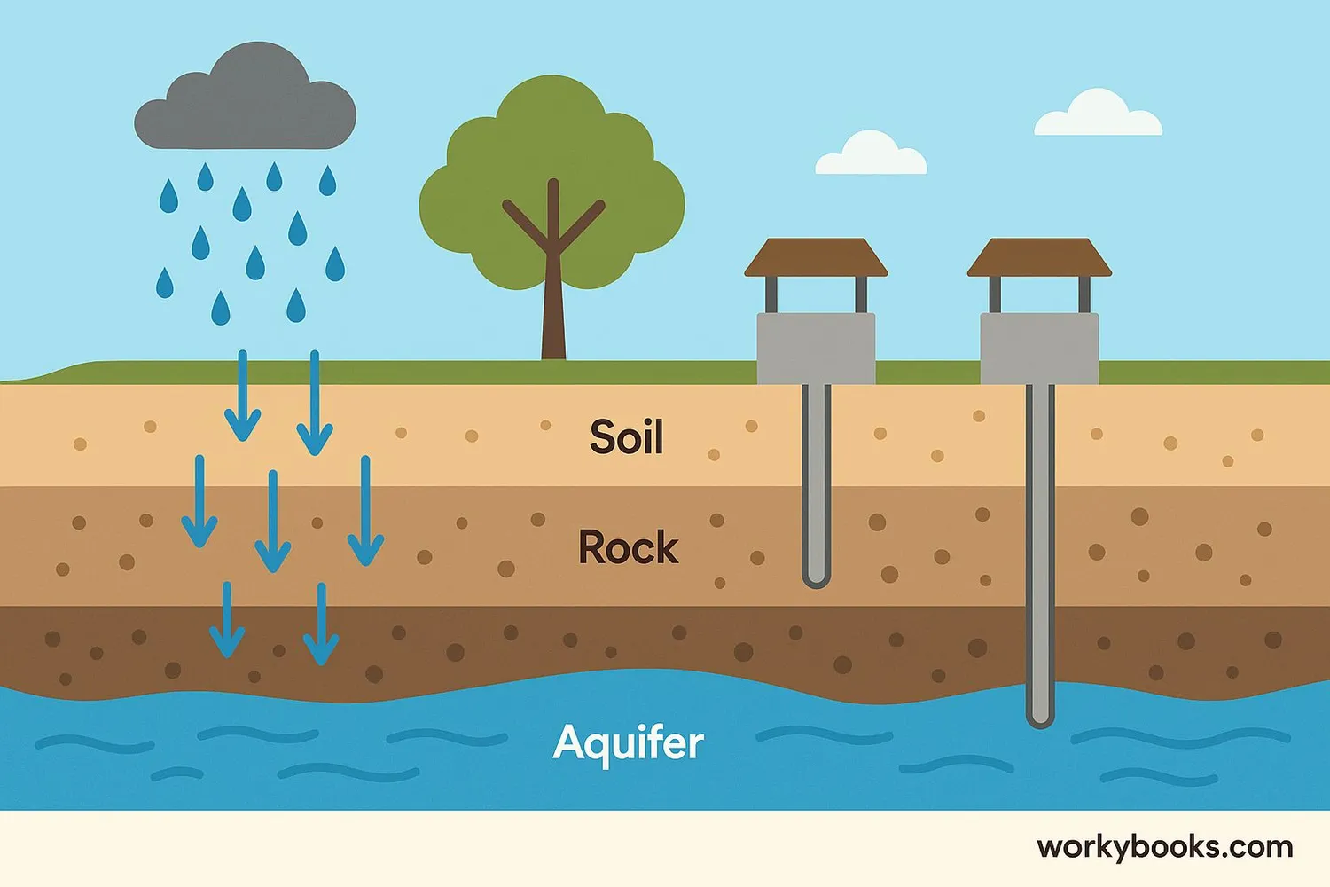 Diagram showing water cycle with aquifer