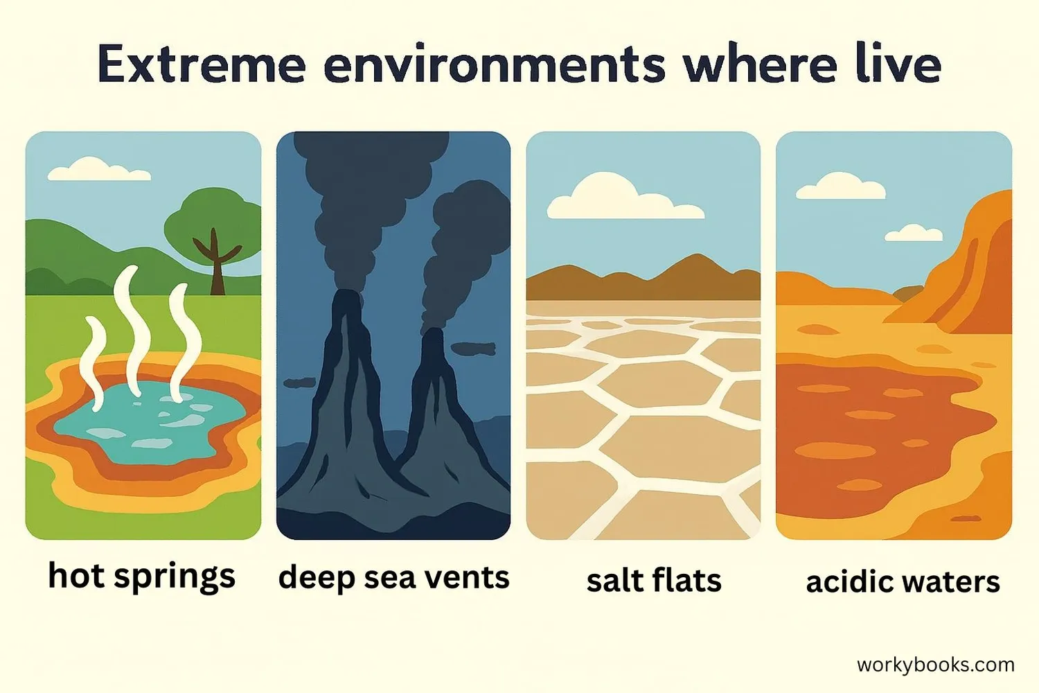 Collage showing different habitats where archaea live including hot springs, deep sea vents, and salt lakes