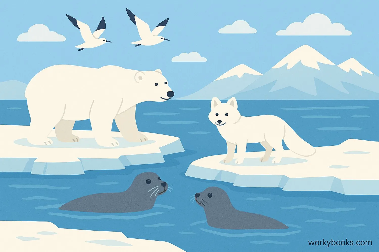 Arctic wildlife including polar bear, arctic fox, and seals